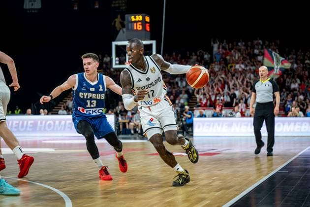 Basketball Bamberg 06.07.2026.2026 FIBA World Cup Qualifier Qualifikation zur Weltmeisterschaft 2027 Deutschland (GER) - Zypern (CYP) Dennis Schröder Schroeder (Deutschland, No.17) Schröder Schroder Filippos Tigkas (Zypern, No.13) *** Basketball Bamberg July 6, 2026 2026 FIBA World Cup Qualifier Qualification for the 2027 World Cup Germany GER Cyprus CYP Dennis Schröder Schroeder Germany, No. 17 Schröder, Schroder, Filippos Tigkas, Cyprus, No. 13