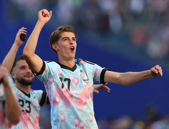 (260707) -- SEATTLE, July 7, 2026 -- Charles De Ketelaere (R) of Belgium celebrates victory after the round of 16 match between the United States and Belgium at the 2026 FIFA World Cup, WM, Weltmeisterschaft, Fussball at Seattle Stadium in Seattle, the United States, July 6, 2026. ) (SP)U.S.-SEATTLE-FOOTBALL-FIFA WORLD CUP-ROUND OF 16-USA VS BEL MaoxSiqian 