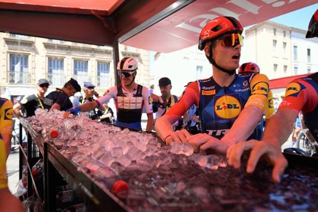 water pictured at the start of stage 4 of the 2026 Tour de France cycling race, a stage of 181,9km from Carcassonne to Foix, on Tuesday 07 July 2026. The 113th edition of the Tour de France starts on Saturday 4 July in Barcelona, Spain, and will finish in Paris, France on the 26th of July. DAVIDxPINTENS  x180598912x
