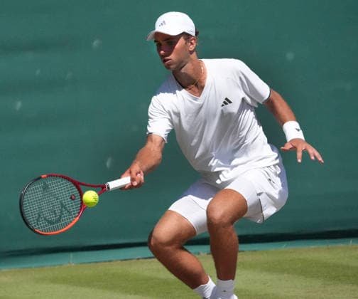 Tennis - 2026 Wimbledon Championships - Day Eight (Week Two) - All England Lawn Tennis & Croquet Club, London - Tuesday 7th July 2026 Centre Court : Boys singles : Mark Ceban (GBR) v Jamie Mackenzie Mark Ceban (GBR) COLORSPORT ANDREW COWIE 