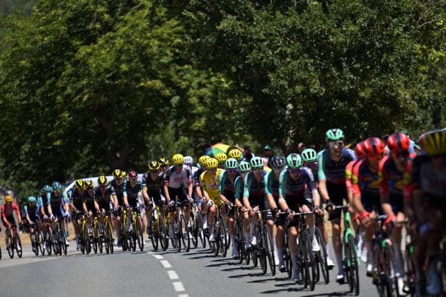 The pack of riders pictured in action during stage 4 of the 2026 Tour de France cycling race, a stage of 181,9km from Carcassonne to Foix, on Tuesday 07 July 2026. The 113th edition of the Tour de France starts on Saturday 4 July in Barcelona, Spain, and will finish in Paris, France on the 26th of July. DAVIDxPINTENS  x180613500x