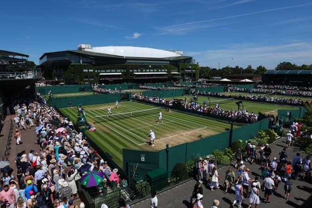 RECORD DATE NOT STATED 7th July 2026; All England Lawn Tennis and Croquet Club, London, England; Wimbledon Tennis Tournament, Day Nine; Spectators observing the outer courts next to Centre Court JohnxPatrickxFletcher
