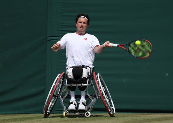 RECORD DATE NOT STATED 7th July 2026; All England Lawn Tennis and Croquet Club, London, England; Wimbledon Tennis Tournament, Day Nine; Gordon Reid (GBR) with a forehand shot to Tokito Oda (JPN) JohnxPatrickxFletcher