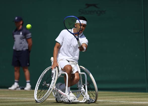RECORD DATE NOT STATED 7th July 2026; All England Lawn Tennis and Croquet Club, London, England; Wimbledon Tennis Tournament, Day Nine; Tokito Oda (JPN) with a forehand shot to Gordon Reid (GBR) JohnxPatrickxFletcher
