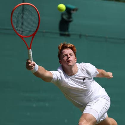 RECORD DATE NOT STATED 7th July 2026; All England Lawn Tennis and Croquet Club, London, England; Wimbledon Tennis Tournament, Day Nine; Jamie Mackenzie (GER) with a forehand shot to Mark Ceban (GBR) JohnxPatrickxFletcher