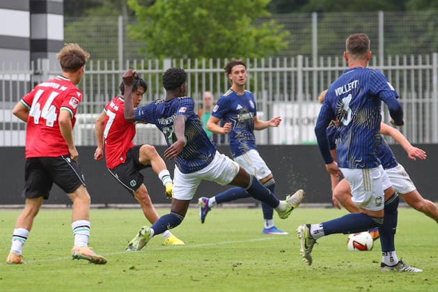 07.07.2026, xtgx, Fussball Testspiel, Hannover 96 - 1. FC Phönix Lübeck emspor, v.l. Hayate Matsuda (Hannover, 27) schiesst Tor, schießt, Torschuetze, erzielt Tor, Treffer, scores the goal 1:0 (DFL DFB REGULATIONS PROHIBIT ANY USE OF PHOTOGRAPHS as IMAGE SEQUENCES and or QUASI-VIDEO) Hannover *** July 7, 2026, xtgx, Soccer Friendly Match, Hannover 96 vs. 1 FC Phönix Lübeck emspor, from left: Hayate Matsuda (Hannover), 27 scores a goal, shoots, goal scorer, scores a goal, goal, scores the goal 1–0 DFL DFB REGULATIONS PROHIBIT ANY USE OF PHOTOGRAPHS as IMAGE SEQUENCES and or QUASI-VIDEO Hannover