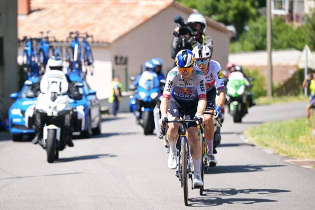 Slovenian Jan Tratnik of Red Bull-BORA-hansgrohe and Czech Mathias Vacek of Lidl-Trek pictured in action during stage 4 of the 2026 Tour de France cycling race, a stage of 181,9km from Carcassonne to Foix, on Tuesday 07 July 2026. The 113th edition of the Tour de France starts on Saturday 4 July in Barcelona, Spain, and will finish in Paris, France on the 26th of July. DAVIDxPINTENS  x180628070x