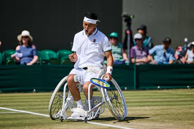 July 7, 2026, London, London, Great Britain: Tokito Oda of Japan reacts with clenched fist during The Championships Wimbledon , 7.7.2026 in London (All England Lawn Tennis and Croquet Club), Great Britain Wheelchair Tennis 2026: Grand Slam: The Championships Wimbledon: 9th Day: 1st Round: ODA 6:3 6:1 REID  - ZUMAs343 20260707_zsp_s343_083 Copyright: xMathiasxSchulzx
