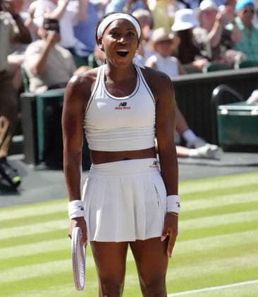 Tennis - 2026 Wimbledon Championships - Day Eight (Week Two) - All England Lawn Tennis & Croquet Club, London - Tuesday 7th July 2026 Center Court : Womens Singles : Jessica Pegula (USA) v Coco Gauff (USA) Coco Gauff (USA) after winning match point COLORSPORT ANDREW COWIE 