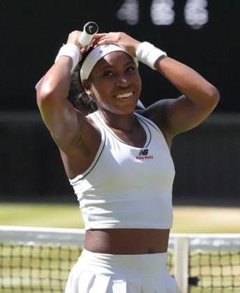 Tennis - 2026 Wimbledon Championships - Day Eight (Week Two) - All England Lawn Tennis & Croquet Club, London - Tuesday 7th July 2026 Center Court : Womens Singles : Jessica Pegula (USA) v Coco Gauff (USA) Coco Gauff (USA) after winning match point COLORSPORT ANDREW COWIE 