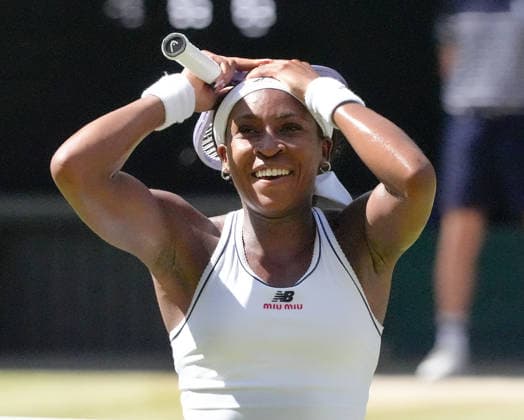 Tennis - 2026 Wimbledon Championships - Day Eight (Week Two) - All England Lawn Tennis & Croquet Club, London - Tuesday 7th July 2026 Center Court : Womens Singles : Jessica Pegula (USA) v Coco Gauff (USA) Coco Gauff (USA) after winning match point COLORSPORT ANDREW COWIE 