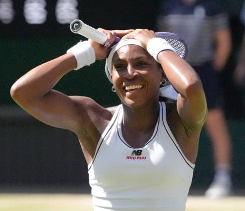 Tennis - 2026 Wimbledon Championships - Day Eight (Week Two) - All England Lawn Tennis & Croquet Club, London - Tuesday 7th July 2026 Center Court : Womens Singles : Jessica Pegula (USA) v Coco Gauff (USA) Coco Gauff (USA) after winning match point COLORSPORT ANDREW COWIE 