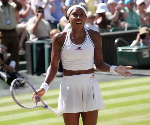 Tennis - 2026 Wimbledon Championships - Day Eight (Week Two) - All England Lawn Tennis & Croquet Club, London - Tuesday 7th July 2026 Center Court : Womens Singles : Jessica Pegula (USA) v Coco Gauff (USA) Coco Gauff (USA) after winning match point COLORSPORT ANDREW COWIE 