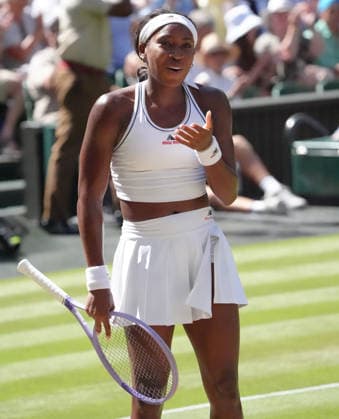 Tennis - 2026 Wimbledon Championships - Day Eight (Week Two) - All England Lawn Tennis & Croquet Club, London - Tuesday 7th July 2026 Center Court : Womens Singles : Jessica Pegula (USA) v Coco Gauff (USA) Coco Gauff (USA) after winning match point COLORSPORT ANDREW COWIE 