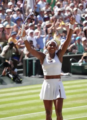 Tennis - 2026 Wimbledon Championships - Day Eight (Week Two) - All England Lawn Tennis & Croquet Club, London - Tuesday 7th July 2026 Center Court : Womens Singles : Jessica Pegula (USA) v Coco Gauff (USA) Coco Gauff (USA) after winning match point COLORSPORT ANDREW COWIE 