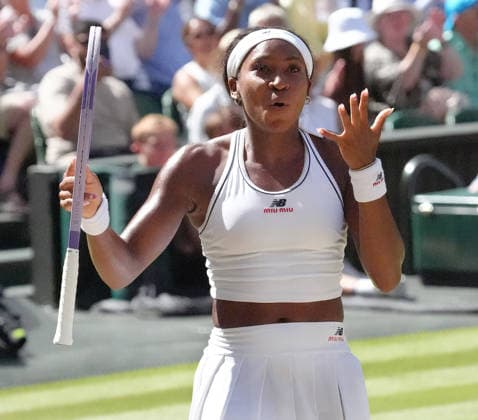 Tennis - 2026 Wimbledon Championships - Day Eight (Week Two) - All England Lawn Tennis & Croquet Club, London - Tuesday 7th July 2026 Center Court : Womens Singles : Jessica Pegula (USA) v Coco Gauff (USA) Coco Gauff (USA) after winning match point COLORSPORT ANDREW COWIE 