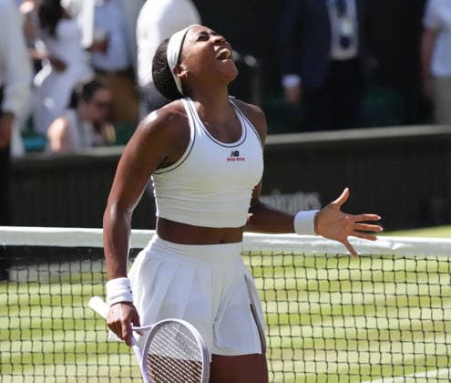 Tennis - 2026 Wimbledon Championships - Day Eight (Week Two) - All England Lawn Tennis & Croquet Club, London - Tuesday 7th July 2026 Center Court : Womens Singles : Jessica Pegula (USA) v Coco Gauff (USA) Coco Gauff (USA) after winning match point COLORSPORT ANDREW COWIE 