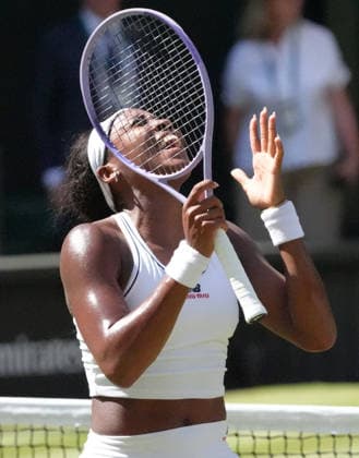 Tennis - 2026 Wimbledon Championships - Day Eight (Week Two) - All England Lawn Tennis & Croquet Club, London - Tuesday 7th July 2026 Center Court : Womens Singles : Jessica Pegula (USA) v Coco Gauff (USA) Coco Gauff (USA) after winning match point COLORSPORT ANDREW COWIE 