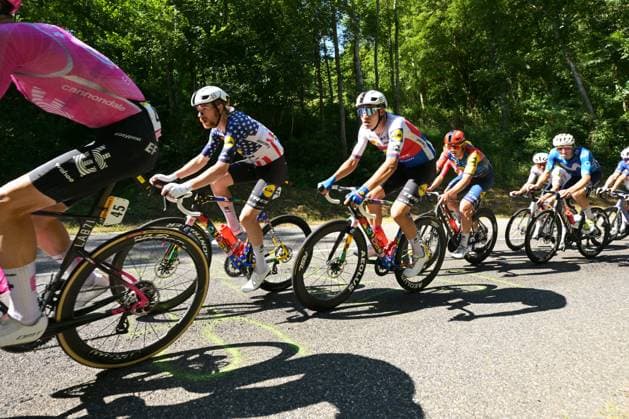 American Quinn Simmons of Lidl-Trek and Czech Mathias Vacek of Lidl-Trek pictured in action during stage 4 of the 2026 Tour de France cycling race, a stage of 181,9km from Carcassonne to Foix, on Tuesday 07 July 2026. The 113th edition of the Tour de France starts on Saturday 4 July in Barcelona, Spain, and will finish in Paris, France on the 26th of July. DAVIDxPINTENS  x180636963x