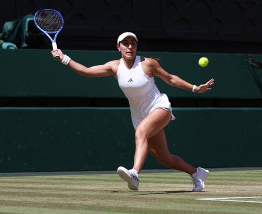 American Jessica Pegula plays a forehand in her Quarter-Finals match against American Coco Gauff on day nine of the 2026 Wimbledon Championships in London on Tuesday, June 07, 2026. Gauff won the match 4-6 6-3 6-3.  LON2026070715 HUGOxPHILPOTT