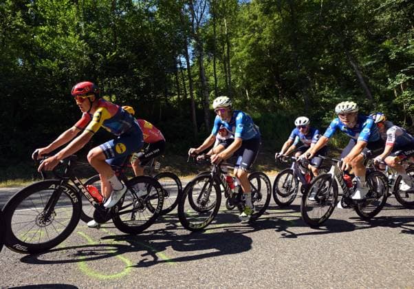 Danish Mads Pedersen of Lidl-Trek, Norwegian Torstein Traeen of Uno-X Mobility and Spanish Pablo Castrillo of Movistar Team pictured in action during stage 4 of the 2026 Tour de France cycling race, a stage of 181,9km from Carcassonne to Foix, on Tuesday 07 July 2026. The 113th edition of the Tour de France starts on Saturday 4 July in Barcelona, Spain, and will finish in Paris, France on the 26th of July. DAVIDxPINTENS  x180637590x
