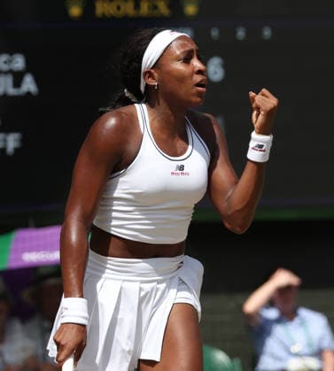 American Coco Gauff reacts in her Quarter-Finals match against American Jessica Pegula on day nine of the 2026 Wimbledon Championships in London on Tuesday, June 07, 2026. Gauff won the match 4-6 6-3 6-3.  LON2026070725 HUGOxPHILPOTT
