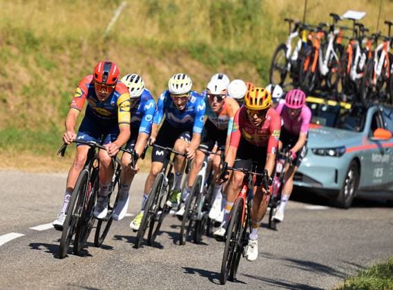 The leading group pictured in action during stage 4 of the 2026 Tour de France cycling race, a stage of 181,9km from Carcassonne to Foix, on Tuesday 07 July 2026. The 113th edition of the Tour de France starts on Saturday 4 July in Barcelona, Spain, and will finish in Paris, France on the 26th of July. DAVIDxPINTENS  x180638377x