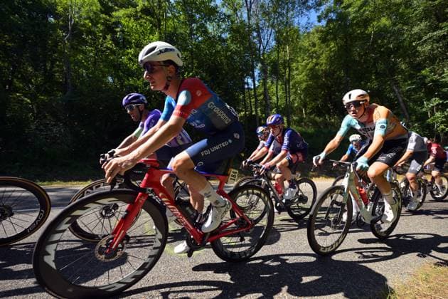 The leading group pictured in action during stage 4 of the 2026 Tour de France cycling race, a stage of 181,9km from Carcassonne to Foix, on Tuesday 07 July 2026. The 113th edition of the Tour de France starts on Saturday 4 July in Barcelona, Spain, and will finish in Paris, France on the 26th of July. DAVIDxPINTENS  x180638563x