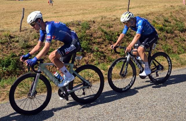 Belgian Ramses Debruyne of Alpecin-Premier Tech and Spanish Raul Garcia Pierna of Movistar Team pictured in action during stage 4 of the 2026 Tour de France cycling race, a stage of 181,9km from Carcassonne to Foix, on Tuesday 07 July 2026. The 113th edition of the Tour de France starts on Saturday 4 July in Barcelona, Spain, and will finish in Paris, France on the 26th of July. DAVIDxPINTENS  x180638915x