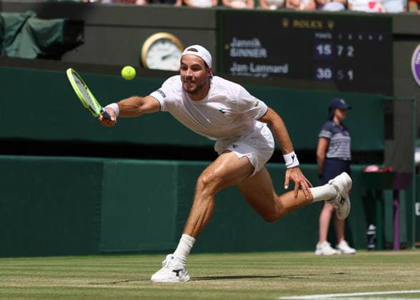 RECORD DATE NOT STATED 7th July 2026; All England Lawn Tennis and Croquet Club, London, England; Wimbledon Tennis Tournament, Day Nine; Lennard Struff (GER) with a forehand shot to Jannik Sinner (ITA) JohnxPatrickxFletcher