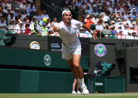 RECORD DATE NOT STATED 7th July 2026; All England Lawn Tennis and Croquet Club, London, England; Wimbledon Tennis Tournament, Day Nine; Jan-Lennard Struff (GER) with a forehand shot to Jannik Sinner (ITA) JohnxPatrickxFletcher