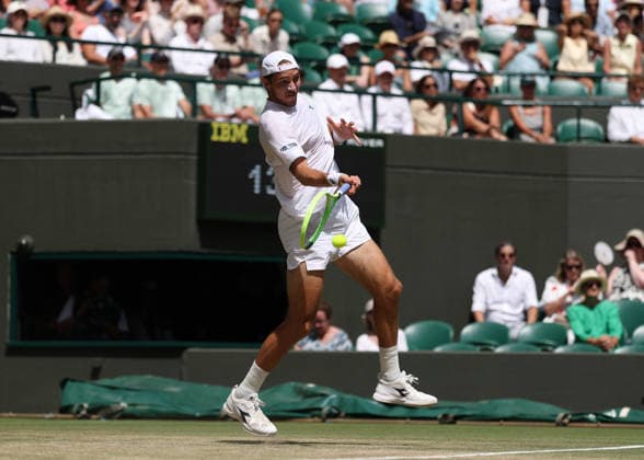 RECORD DATE NOT STATED 7th July 2026; All England Lawn Tennis and Croquet Club, London, England; Wimbledon Tennis Tournament, Day Nine; Lennard Struff (GER) with a forehand shot to Jannik Sinner (ITA) JohnxPatrickxFletcher