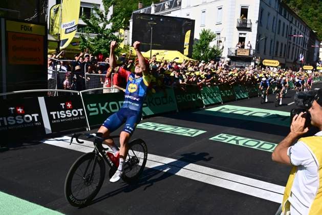 Tour de France 2026 Stage 4 FOIX, FRANCE - JULY 07 : Pedersen Mads (DEN) of Lidl - Trek wins, second place for Simmons Quinn (USA) of Lidl - Trek, third place for Garcia Pierna Raul (ESP) of Movistar Team during stage 4 of the 113rd edition of Tour de France an UCI World Tour 2.UWT cycling road race stage for Men Elite of 182 km with start in Carcassonne and finish in Foix on July 7, 2026 in Foix, France, 07 07 2026 Foix France  Copyright: xPeterxDexVoechtx
