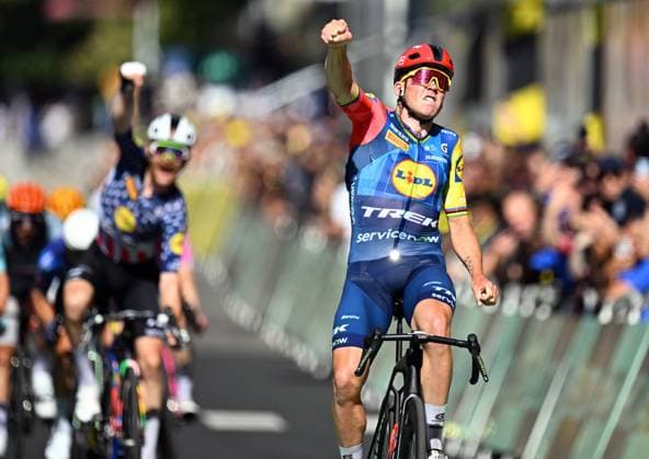Danish Mads Pedersen of Lidl-Trek and pictured as he crosses the finish line of stage 4 of the 2026 Tour de France cycling race, a stage of 181,9km from Carcassonne to Foix, on Tuesday 07 July 2026. The 113th edition of the Tour de France starts on Saturday 4 July in Barcelona, Spain, and will finish in Paris, France on the 26th of July. JASPERxJACOBS  x180641054x