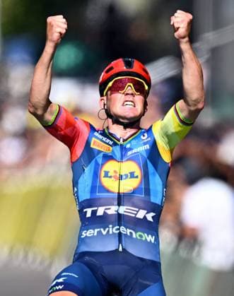 Danish Mads Pedersen of Lidl-Trek and pictured as he crosses the finish line of stage 4 of the 2026 Tour de France cycling race, a stage of 181,9km from Carcassonne to Foix, on Tuesday 07 July 2026. The 113th edition of the Tour de France starts on Saturday 4 July in Barcelona, Spain, and will finish in Paris, France on the 26th of July. JASPERxJACOBS  x180641070x