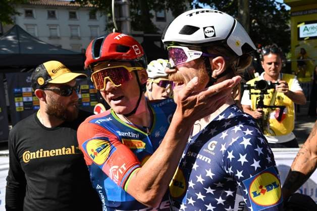 Tour de France 2026 Stage 4 FOIX, FRANCE - JULY 07 : Pedersen Mads (DEN) of Lidl - Trek celebrates the victory with Simmons Quinn (USA) of Lidl - Trek during stage 4 of the 113rd edition of Tour de France an UCI World Tour 2.UWT cycling road race stage for Men Elite of 182 km with start in Carcassonne and finish in Foix on July 7, 2026 in Foix, France, 07 07 2026 Foix France  Copyright: xSzymonxGruchalskix