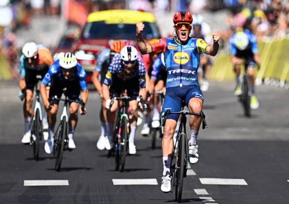 Danish Mads Pedersen of Lidl-Trek and pictured as he crosses the finish line of stage 4 of the 2026 Tour de France cycling race, a stage of 181,9km from Carcassonne to Foix, on Tuesday 07 July 2026. The 113th edition of the Tour de France starts on Saturday 4 July in Barcelona, Spain, and will finish in Paris, France on the 26th of July. JASPERxJACOBS  x180642484x