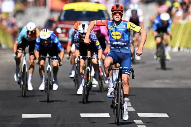 Danish Mads Pedersen of Lidl-Trek and pictured as he crosses the finish line of stage 4 of the 2026 Tour de France cycling race, a stage of 181,9km from Carcassonne to Foix, on Tuesday 07 July 2026. The 113th edition of the Tour de France starts on Saturday 4 July in Barcelona, Spain, and will finish in Paris, France on the 26th of July. JASPERxJACOBS  x180642541x