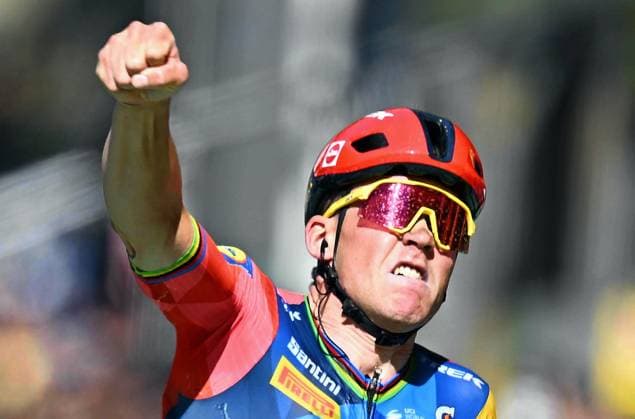 Danish Mads Pedersen of Lidl-Trek and pictured as he crosses the finish line of stage 4 of the 2026 Tour de France cycling race, a stage of 181,9km from Carcassonne to Foix, on Tuesday 07 July 2026. The 113th edition of the Tour de France starts on Saturday 4 July in Barcelona, Spain, and will finish in Paris, France on the 26th of July. JASPERxJACOBS  x180642558x