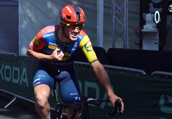 Danish Mads Pedersen of Lidl-Trek celebrates after winning stage 4 of the 2026 Tour de France cycling race, a stage of 181,9km from Carcassonne to Foix, on Tuesday 07 July 2026. The 113th edition of the Tour de France starts on Saturday 4 July in Barcelona, Spain, and will finish in Paris, France on the 26th of July. DAVIDxPINTENS  x180642743x