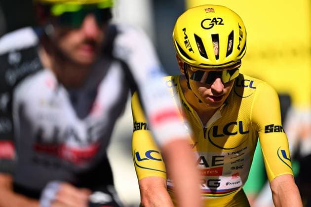 Slovenian Tadej Pogacar of UAE Team Emirates XRG crosses the finish line of stage 4 of the 2026 Tour de France cycling race, a stage of 181,9km from Carcassonne to Foix, on Tuesday 07 July 2026. The 113th edition of the Tour de France starts on Saturday 4 July in Barcelona, Spain, and will finish in Paris, France on the 26th of July. JASPERxJACOBS  x180643988x