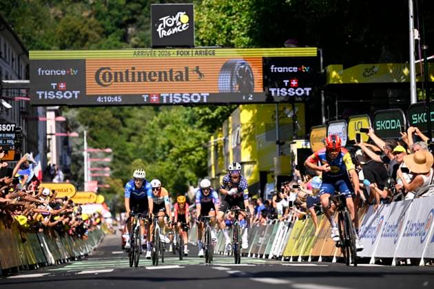 Tour de France 2026 Stage 4 FOIX, FRANCE - JULY 07 : Pedersen Mads (DEN) of Lidl - Trek wins, second place for Simmons Quinn (USA) of Lidl - Trek, third place for Garcia Pierna Raul (ESP) of Movistar Team during stage 4 of the 113rd edition of Tour de France an UCI World Tour 2.UWT cycling road race stage for Men Elite of 182 km with start in Carcassonne and finish in Foix on July 7, 2026 in Foix, France, 07 07 2026 Foix France  Copyright: xTomasxSiskx