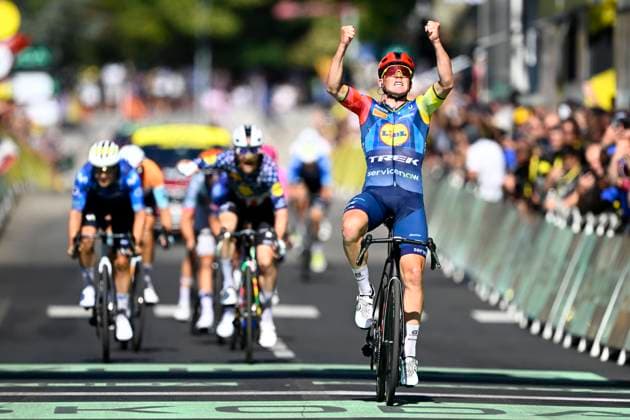 Tour de France 2026 Stage 4 FOIX, FRANCE - JULY 07 : Pedersen Mads (DEN) of Lidl - Trek wins, second place for Simmons Quinn (USA) of Lidl - Trek, third place for Garcia Pierna Raul (ESP) of Movistar Team during stage 4 of the 113rd edition of Tour de France an UCI World Tour 2.UWT cycling road race stage for Men Elite of 182 km with start in Carcassonne and finish in Foix on July 7, 2026 in Foix, France, 07 07 2026 Foix France  Copyright: xTomasxSiskx