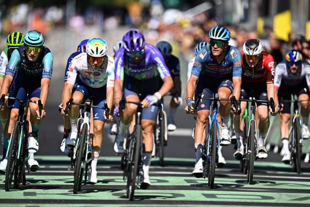 Belgian Jasper Stuyven of Soudal Quick-Step crosses the finish line of stage 4 of the 2026 Tour de France cycling race, a stage of 181,9km from Carcassonne to Foix, on Tuesday 07 July 2026. The 113th edition of the Tour de France starts on Saturday 4 July in Barcelona, Spain, and will finish in Paris, France on the 26th of July. JASPERxJACOBS  x180644824x