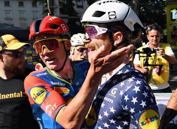 Danish Mads Pedersen of Lidl-Trek and American Quinn Simmons of Lidl-Trek celebrate after winning stage 4 of the 2026 Tour de France cycling race, a stage of 181,9km from Carcassonne to Foix, on Tuesday 07 July 2026. The 113th edition of the Tour de France starts on Saturday 4 July in Barcelona, Spain, and will finish in Paris, France on the 26th of July. SZYMON GRUCHALSKI SzymonxGruchalski  x180645211x