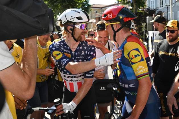 Tour de France 2026 Stage 4 FOIX, FRANCE - JULY 07 : Pedersen Mads (DEN) of Lidl - Trek celebrates the victory with Simmons Quinn (USA) of Lidl - Trek during stage 4 of the 113rd edition of Tour de France an UCI World Tour 2.UWT cycling road race stage for Men Elite of 182 km with start in Carcassonne and finish in Foix on July 7, 2026 in Foix, France, 07 07 2026 Foix France  Copyright: xSzymonxGruchalskix