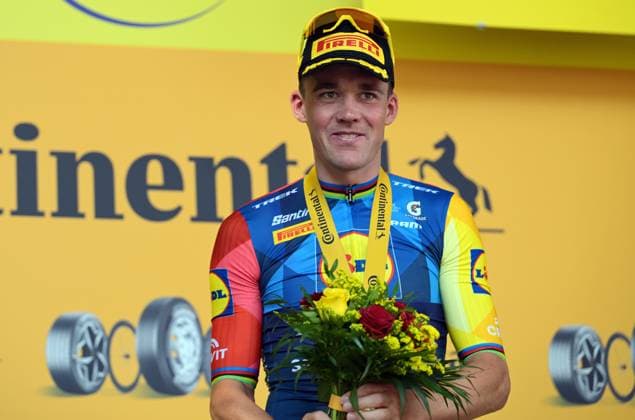 Danish Mads Pedersen of Lidl-Trek celebrates on the podium after winning stage 4 of the 2026 Tour de France cycling race, a stage of 181,9km from Carcassonne to Foix, on Tuesday 07 July 2026. The 113th edition of the Tour de France starts on Saturday 4 July in Barcelona, Spain, and will finish in Paris, France on the 26th of July. DAVIDxPINTENS  x180645876x
