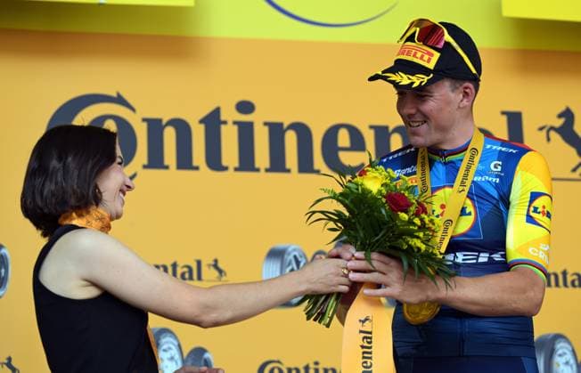 Danish Mads Pedersen of Lidl-Trek celebrates on the podium after winning stage 4 of the 2026 Tour de France cycling race, a stage of 181,9km from Carcassonne to Foix, on Tuesday 07 July 2026. The 113th edition of the Tour de France starts on Saturday 4 July in Barcelona, Spain, and will finish in Paris, France on the 26th of July. DAVIDxPINTENS  x180645928x
