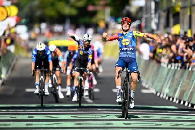 Tour de France 2026 Stage 4 FOIX, FRANCE - JULY 07 : Pedersen Mads (DEN) of Lidl - Trek wins, second place for Simmons Quinn (USA) of Lidl - Trek, third place for Garcia Pierna Raul (ESP) of Movistar Team during stage 4 of the 113rd edition of Tour de France an UCI World Tour 2.UWT cycling road race stage for Men Elite of 182 km with start in Carcassonne and finish in Foix on July 7, 2026 in Foix, France, 07 07 2026 Foix France  Copyright: xTomasxSiskx