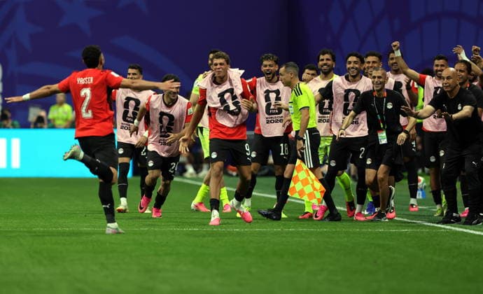 FIFA World Cup, WM, Weltmeisterschaft, Fussball 2026 - Round of 16 - Argentina vs Egypt Yasser Ibrahim of Egypt (L) celebrates scoring the 1-0 with teammates during the FIFA World Cup 2026 Round of 16 match Argentina against Egypt, in Atlanta, USA, 07 July 2026. ATLANTA United States  Copyright: xCRISTOBALxHERRERA-ULASHKEVICHx